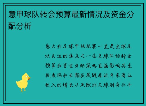 意甲球队转会预算最新情况及资金分配分析