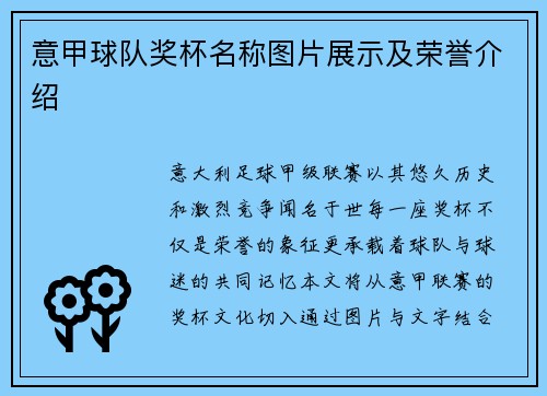 意甲球队奖杯名称图片展示及荣誉介绍